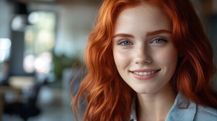 Obraz premium A young woman with red hair and freckles smiles at the camera.