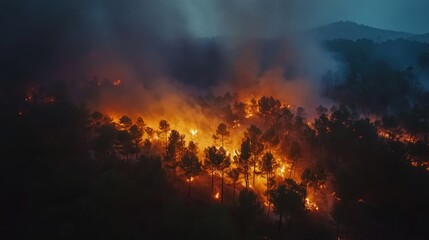 Naklejka premium Aerial view of a forest fire engulfing trees, emitting smoke and flames.