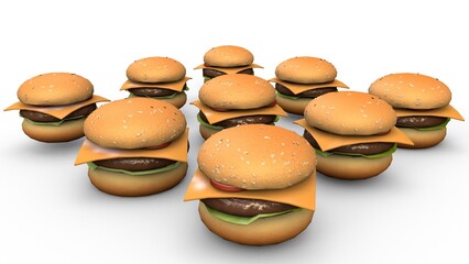 A collection of 3D cheeseburgers with sesame seed buns, beef patties, cheddar cheese, lettuce, and tomato slices, arranged in a neat formation. The white background emphasizes the burger details.