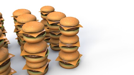 A collection of 3D cheeseburgers with sesame seed buns, beef patties, cheddar cheese, lettuce, and tomato slices, arranged in a neat formation. The white background emphasizes the burger details.