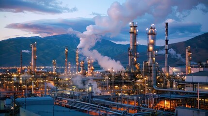 Obraz premium Panoramic View of Refinery Operations at Dusk