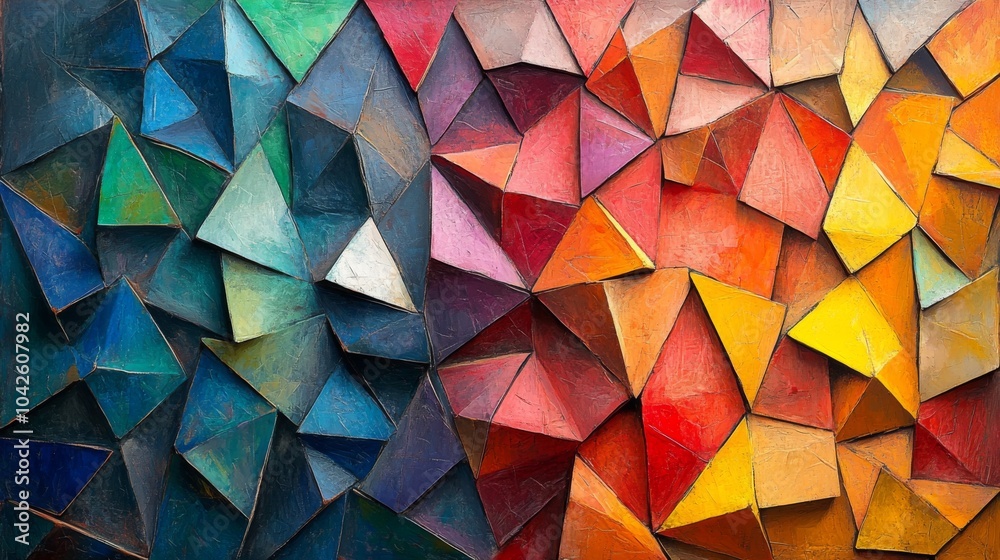 Poster An artistic arrangement of triangles in contrasting cool and warm colors forms a striking mosaic. The geometric patterns blend harmoniously, showcasing vivid hues with textured depth.