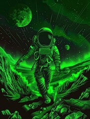 Fototapeta premium Astronaut in Psychedelic Green Cosmic Landscape