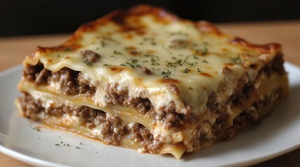 A delicious slice of lasagna with layers of meat and cheese, served on a white plate.