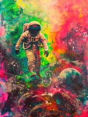Fototapeta premium Colorful Psychedelic Spaceman Drifting in Cosmic Realm