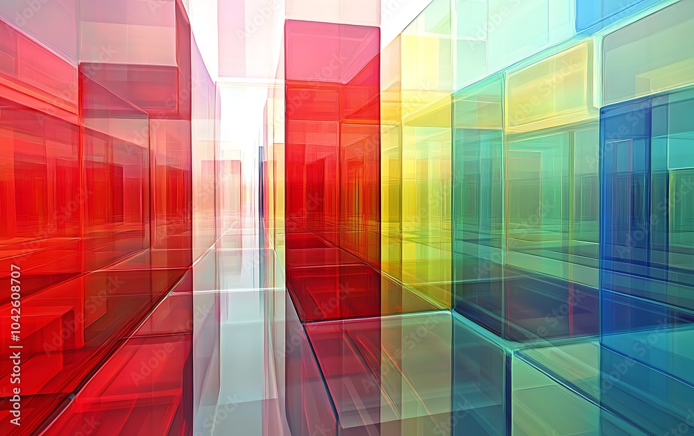 Fototapete A vibrant abstract image featuring transparent blocks in red, yellow, and blue, creating a colorful, geometric landscape.