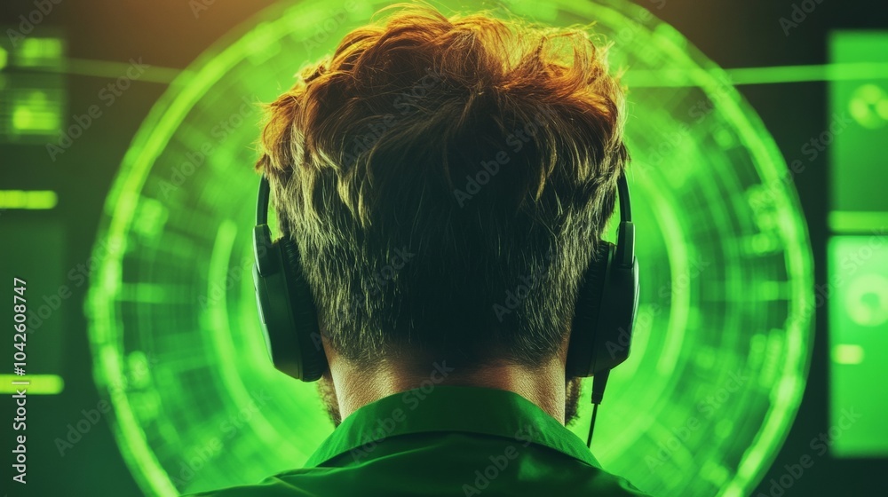 Poster Focused Engineer Analyzing Data in Mission Control Center with Futuristic Screens