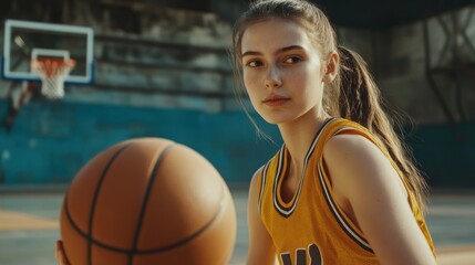 A young athlete in a yellow jersey sits with a basketball, focused on the game.