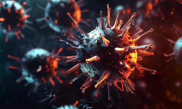 Close-up of virus-like structures with glowing textures in a dark background.