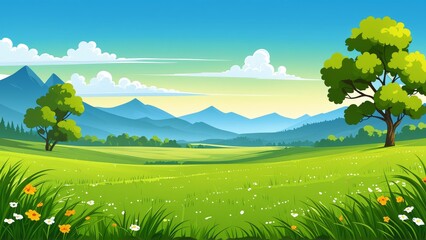 Fototapeta premium 2D Cartoon Illustration of Meadow Grassland Background
