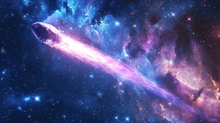 A bright comet with a long tail flying through a galaxy filled with nebulae and stars, ultra-detailed cosmic environment, sharp comet textures,