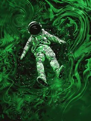 Fototapeta premium Psychedelic Green Spaceman Floating in Universe