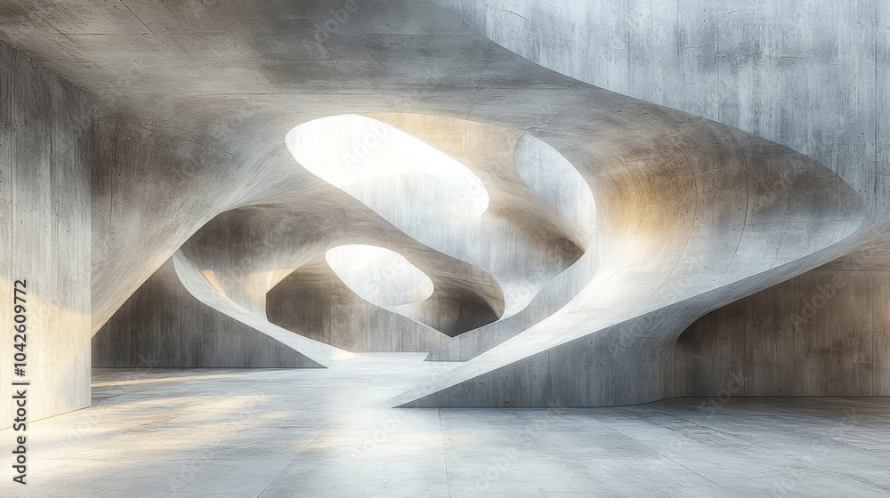 Poster A spacious interior features smooth, flowing curves with large openings allowing natural light to illuminate the minimalist concrete environment, creating a serene and modern atmosphere.