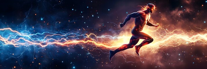 Naklejka premium Illustration of Adrenaline (Epinephrine) Unleashing Lightning Power on a Running Figure