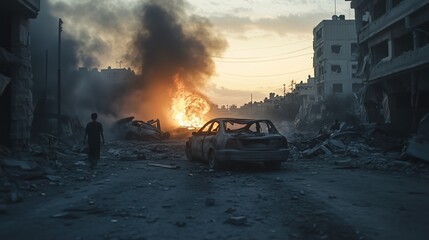 Street scenes destroyed by war, collapsed cars and flames, dusk atmosphere