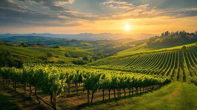 Peaceful hillside vineyard with rows of grapes basking in the golden light of sunset creating a picturesque landscape