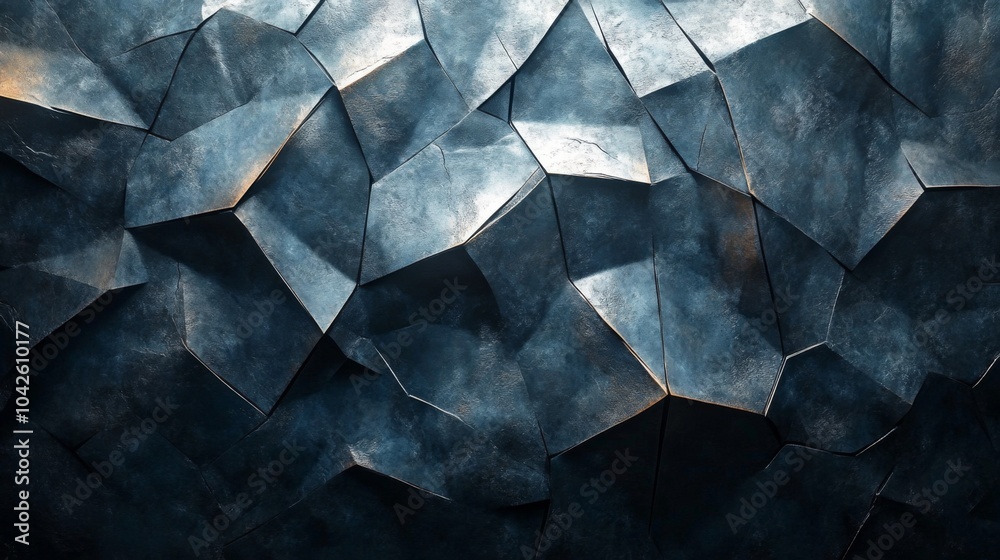 Poster A detailed view of a textured wall showcasing angular shapes in deep blue tones, enhanced by gentle lighting that creates depth and interest.