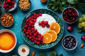 Breaking the fast with a traditional Ramadan meal, with vibrant colors of fresh fruits, nuts, and savory dishes spread out on a festive table