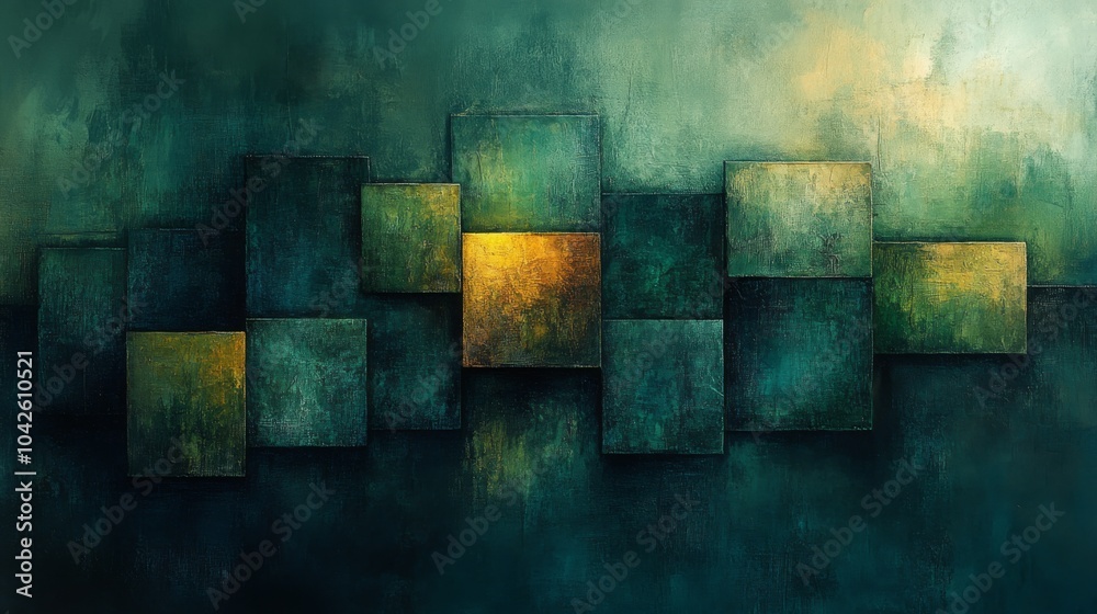 Poster this abstract artwork showcases textured squares in various shades of green and blue, arranged harmo