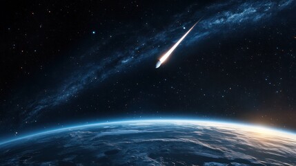 Fototapeta premium A comet passing close to Earth, highly detailed surface textures of both celestial bodies, vibrant space colors, natural lighting effects.