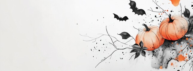 Halloween themed pumpkin and bat, spider web vector illustration, with ample space for replication, suitable for autumn advertising. The white background of the Halloween page border.