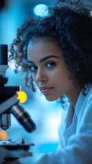 Woman research scientist posing in front of a telescope