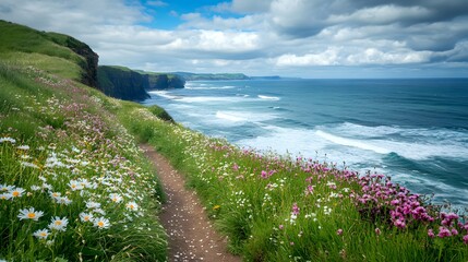 Scenic coastal path lined with wildflowers and cliffs overlooking crashing waves inviting exploration and adventure