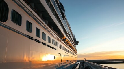 Naklejka premium A cruise ship docked at sunset, reflecting warm colors.
