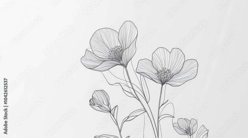Wall mural abstract continuous line flower drawings, showcasing elegant and minimal plant forms, perfect for mi