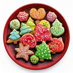 colorful holiday cookies on plate isolated