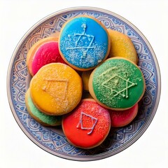 colorful Hanukkah cookies on plate isolated