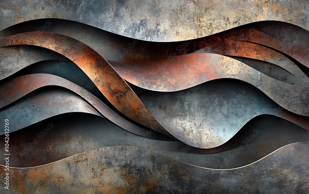 Leinwandbilder an abstract composition of flowing, layered waves in earthy tones of brown, gray, and metallic hues,