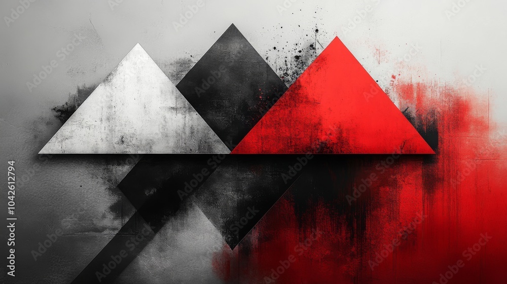 Poster A striking abstract composition showcases three triangular shapes in red, black, and white, artistically arranged against a textured gray backdrop, creating a bold visual impact.