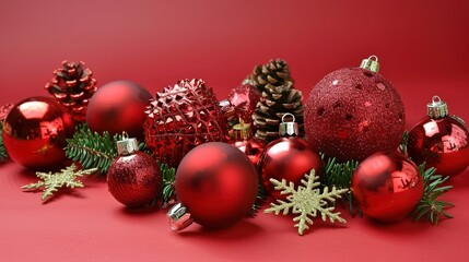  Christmas decoration on red background - a festive and vivid sight. This image presents beautiful Christmas decorations against a bright red backdrop, exuding holiday spirit and charm.