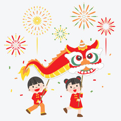 Chinese Lunar New Year decorative children illustration lion dance dragon with fireworks festival cute drawing