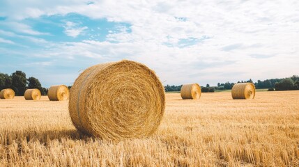 Fototapeta premium Bright golden hay bales in a freshly harvested field on a warm summer day, representing rural life and farming harvests.