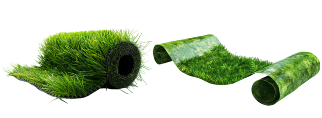 Artificial grass rolls, lush and vibrant, unrolled and ready for installation, clean white background Isolated on white background