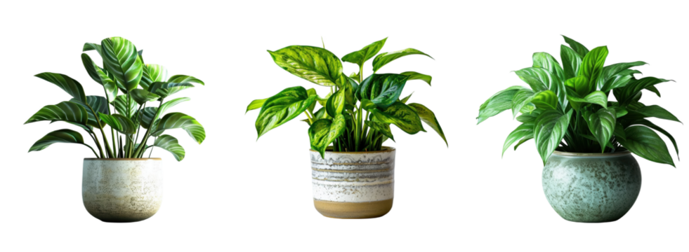 Three stylish potted houseplants vibrant foliage neutral backgrounds indoor decor harmonious arrangement Isolated on white background