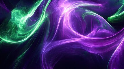 Fototapeta premium Bright, swirling lines of neon purple and green light form an abstract background, providing a lively and visually striking design.
