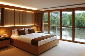 Modern bedroom with wooden furniture and large windows overlooking serene nature.
