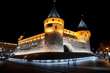 Fototapeta premium Gothic-style depiction of Krasiczyn Castle at night, with dramatic lighting casting long shadows over its stone towers and arches