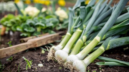 Obraz premium Freshly Harvested Leeks in a Garden
