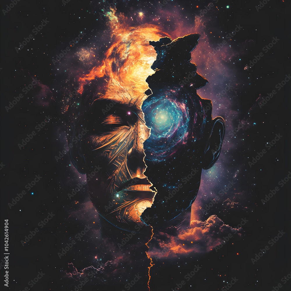 Wall mural a surreal cosmic mask of a god split in two, revealing a swirling galaxy inside. the mask represents