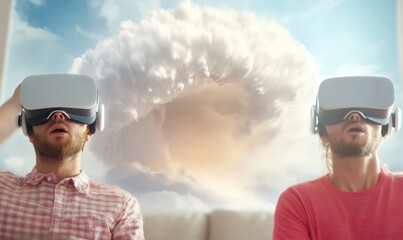 Immersive Virtual Reality Experience Two Men Explore Weather Phenomena Indoors