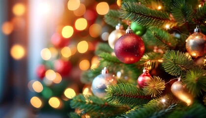 A close-up of a stunningly decorated Christmas tree with colorful baubles and shining lights. Generative AI