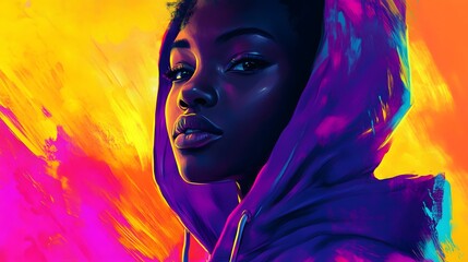 Colorful portrait of cool woman with dark skin wearing hoodie. 