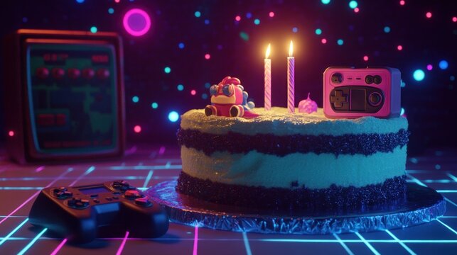 A colorful birthday cake with candles, gaming elements, and a nostalgic theme.