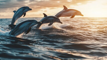 Fototapeta premium Dolphins leaping over ocean waves during a sunset, showcasing their playful nature.