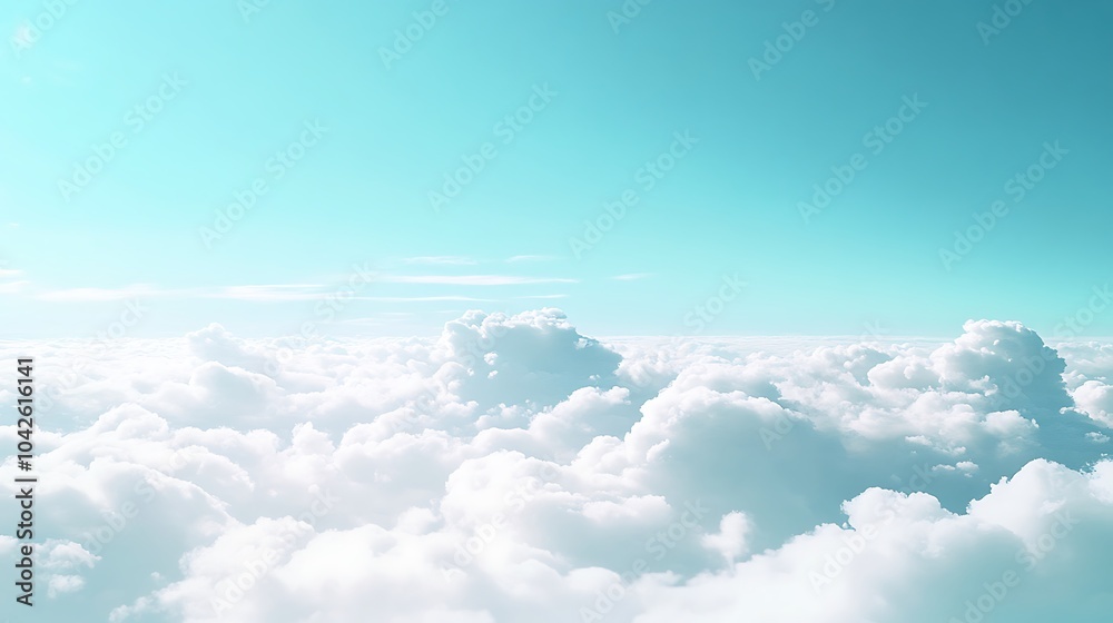 Poster a serene sky filled with soft, fluffy clouds under a bright, turquoise atmosphere, creating a peacef