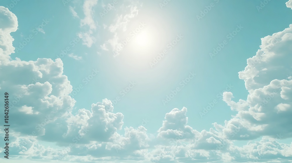 Poster a serene sky showcases soft, fluffy clouds illuminated by a bright sun, creating a peaceful atmosphe